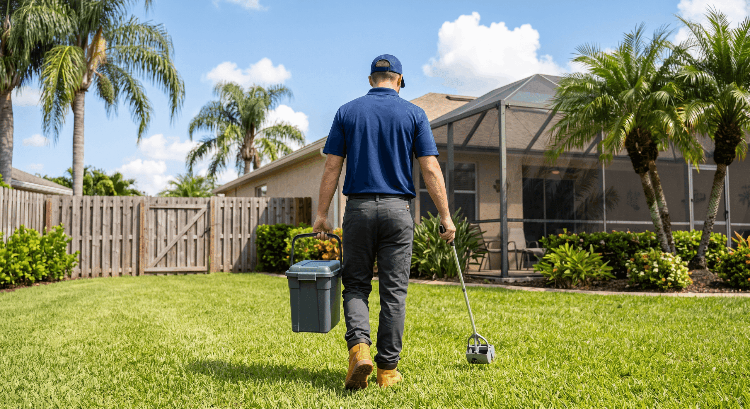 Local pooper scooper technician cleaning a Central Florida backyard