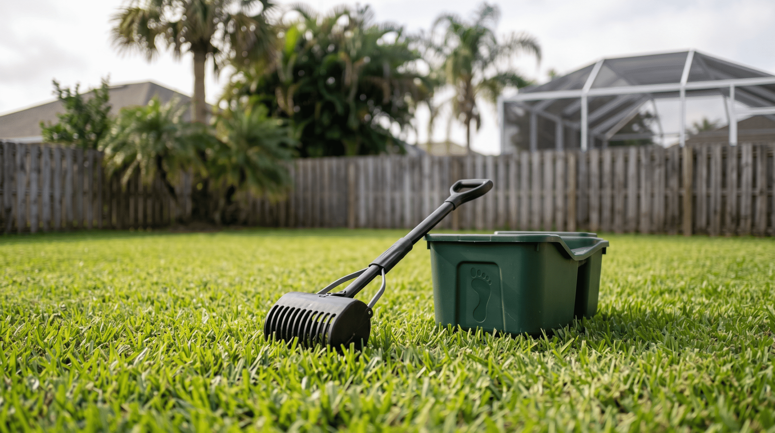 Pooper scooper and collection bin on a green lawn showing dog waste removal service
