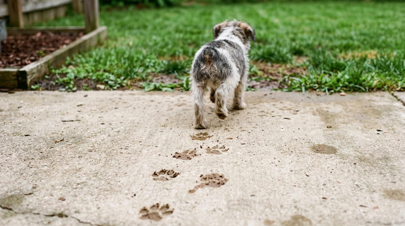 Puppy walking away across a backyard patio, leaving muddy paw prints behind on the concrete.